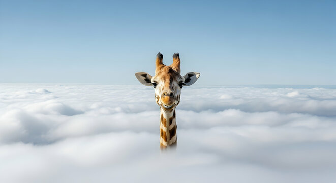 Smiling Giraffe Above Clouds: Serene Wildlife Art