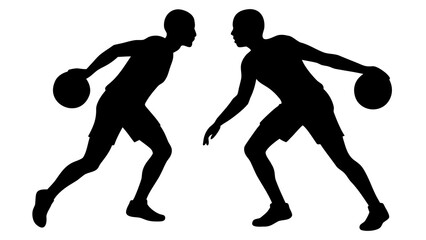 Basketball players in silhouette dribbling the ball in a competitive match