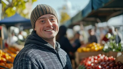 A cheerful male vendor at a farmers market, showcasing his fresh produce with a smile. - Powered by Adobe