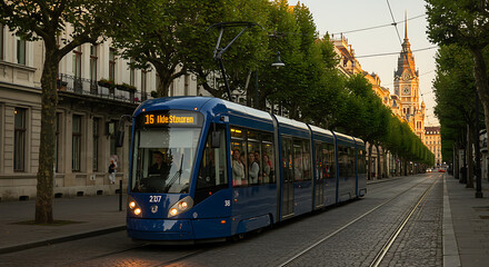 Evening Tram Ride Through Tree-Lined Streets of European City