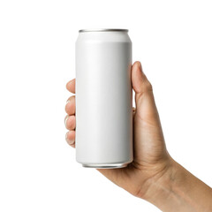 Hand holding white aluminium can, isolated on a transparent background