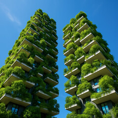 Modern Eco-Friendly Residential Towers: Lush Greenery, Sustainable Design, Vibrant Cityscape