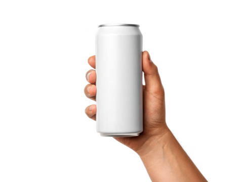 Hand holding white aluminium can, isolated on a transparent background