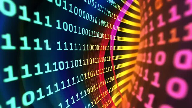 Colorful digital binary code swirling in a vortex, symbolizing data flow and technology advancements
