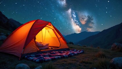 Cozy Camping Blanket Draped Over Tent Under Starry Night Sky Perfect for Outdoor Adventures and Relaxing Nights