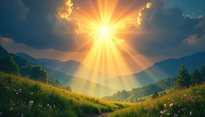 Majestic sun rays illuminate a serene landscape, evoking a sense of divine presence and spiritual awakening Perfect for religious, spiritual, or fantasy themes , spiritual awakening, landscape