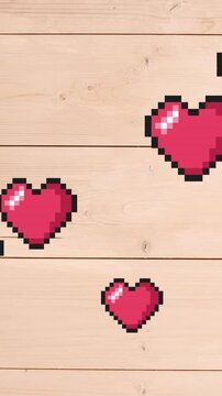 Multiple red heart floating and pizza slice icons spinning against wooden background