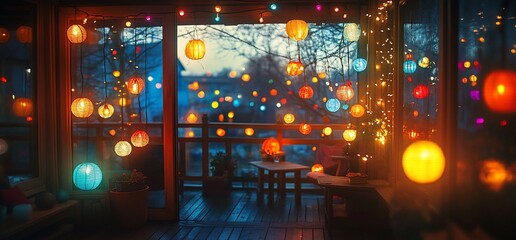 Obraz premium Enchanting Evening: Warm-toned Paper Lanterns Illuminate Cozy Patio
