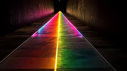 Vibrant rainbow light path in a dark corridor leading to an illuminated exit, creating a surreal atmosphere - Powered by Adobe