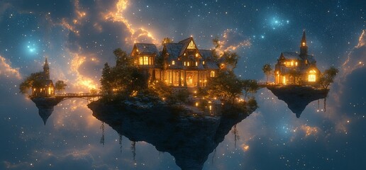 Enchanting Floating Castles Illuminated by Celestial Light