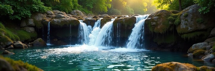 Fototapeta premium Crystal clear water cascades over mossy rocks in a breathtaking waterfall, sunlight dappling the surface Perfect for nature, travel, and environmental themes , river, moss