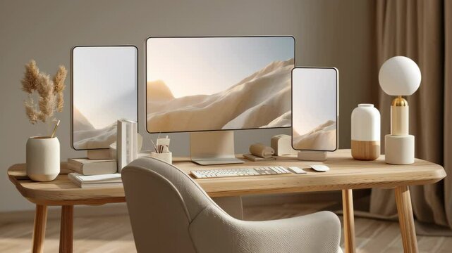 Ergonomic smart chair faces wooden desk with three monitors and decorative items in cozy modern workspace featuring computer monitor and desk setup
