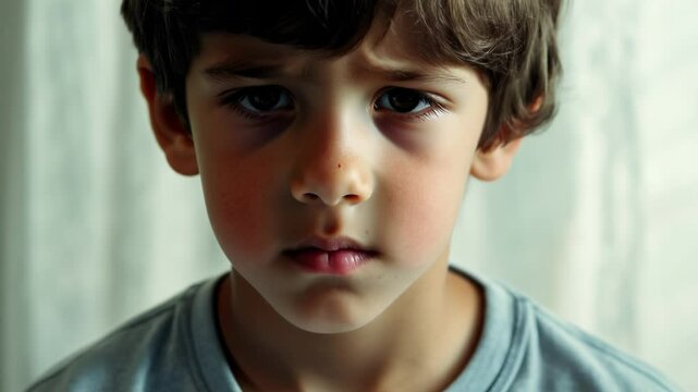 Sad child looking at camera, six shots montage