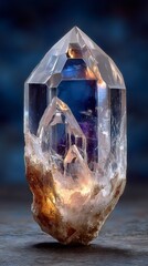 Mystical Clear Quartz Crystal Close-Up Featuring Intricate Inclusions and Clarity on Rich Dark Background for Geode, Mineral or Healing Energy Visuals