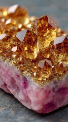Exquisite Close-Up of Glorious Golden Crystal Cluster Nestled within Lush Pink Quartz Matrix with Sparkling Details and Volumetric Textures