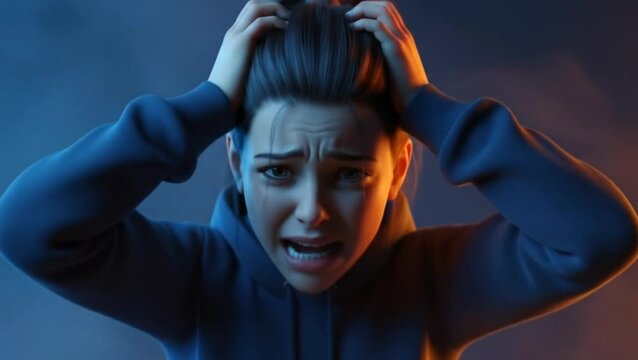 Anxious young woman panicking, pulling her hair in frustration, emotional breakdown expression, dramatic lighting with blue and orange background
