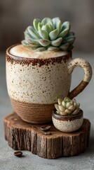 Charming DIY Home Decor: White Speckled Ceramic Mug Featuring Tiny Succulent on Woodland-Inspired Stand with Earthy Vibe