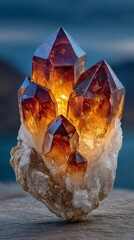  Detailed Close-up of Lush Orange Amethyst Crystal Cluster on Black Wooden or Dark Background, Perfect for Geode Photography or Aesthetic Design