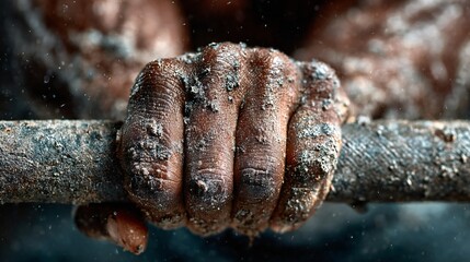Massive Hands Grasping Heavily Loaded Barbell in Emphatic Squat Position with Powerful Grip and Concentrated Leg Lift
