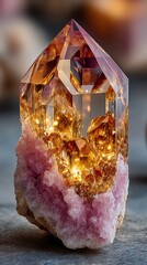Close-Up Macro Photography of Glittering Golden Crystal Cluster Set against Deep Pink Quartz Matrix, A Stunning Geological Formation for Jewelry, Gemstone Enthusiasts and Mineral Collectors