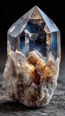 High-Quality Clear Quartz Crystal Point Close-Up Reveal: Inclusions, Patterns, and Detailed Geological Features on Black Background