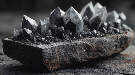 Tight Close-Up Shot of Aged Wooden Surface with Grayscale Metallic Minerals on Black Matte Backdrop