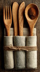Eco-Friendly Wooden Utensils with Handmade Design, Wrapped in Sustainable Beige Cotton for a Nature-Inspired Kitchen Experience