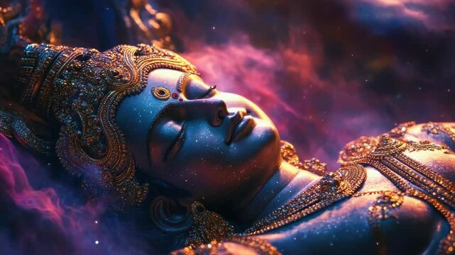 A depiction of the sacred deity, adorned with ornate headdress and jewels, resting peacefully under a starry night sky.