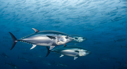 Oceanic Tuna: Serene Underwater Scene with Schooling Fish