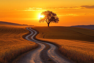 Golden Sunset Over Serene Countryside with Solitary Tree
