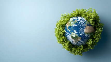Earth surrounded by green leaves, symbolizing environmental protection, sustainability, and nature conservation, with soft blue background and peaceful, hopeful atmosphere