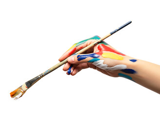 Artist s hand covered in colorful paint holding a paintbrush isolated on transparent background