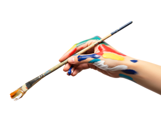 Artist s hand covered in colorful paint holding a paintbrush isolated on transparent background