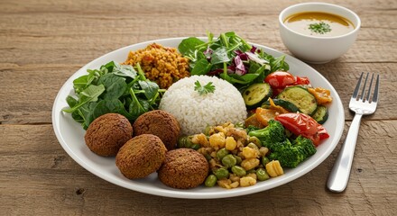 Delicious and Healthy Vegetarian Plate Falafel, Rice, and Assorted Vegetables