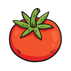 Fresh Cartoon Red Tomato with Green Stem and Leaves, Ideal for Healthy Food Graphics