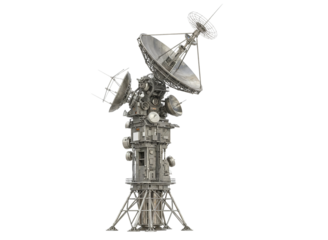 Complex telecommunications tower with multiple satellite dishes isolated on transparent background