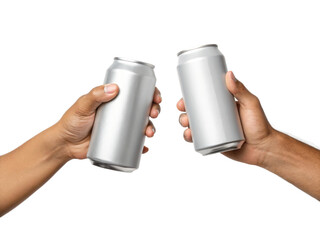 Two hands clinking aluminium beer cans, isolated on a transparent background