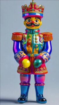 A colorful toy soldier with a crown on his head. He is wearing a red and blue outfit