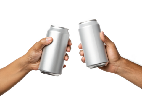 Two hands clinking aluminium beer cans, isolated on a transparent background