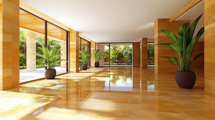 Fototapeta premium Spacious modern eco home interior with rammed earth walls, large windows, passive solar design, polished floor, tropical plants, and abundant natural light, creating serene atmosphere