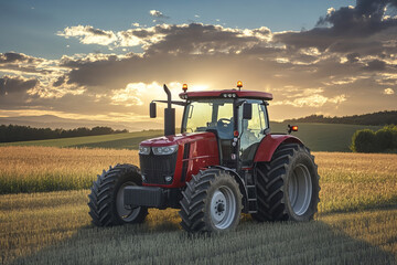 Obraz premium Modern red tractor working on green field at sunset showcasing agricultural power, innovation, and rural strength with dramatic sky