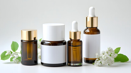 Minimalist cosmetic bottles and jars with blank labels, gold caps, and dropper, arranged with white flowers and green leaves on white background, clean and elegant style