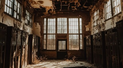 Sunlit Decay: Exploring a Derelict Industrial Hallway,  Warm Light Illuminates Crumbling Walls and Aged Metal Cabinets