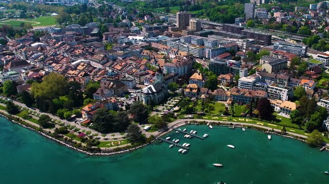 An Panoramic aerial of the old town of the city Morges in Switzerland on a sunny day in summer