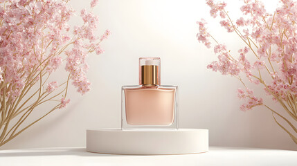 Square glass perfume bottle with gold cap on white round pedestal, surrounded by soft pink flowers, elegant and luxurious atmosphere, perfect for beauty product display