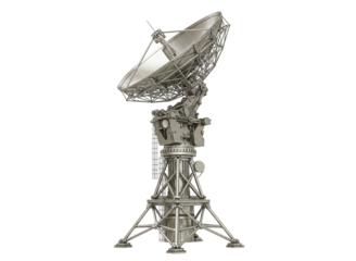 Complex telecommunications tower with multiple satellite dishes isolated on transparent background