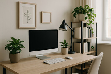 Modern minimalist home office workspace:  light wood desk, computer, plants, and books.