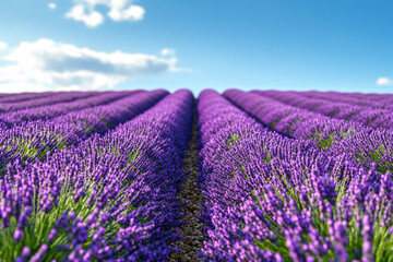 Fototapeta premium A picturesque lavender field stretching into the distance, with rows of vibrant purple flowers under a bright blue sky.