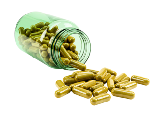 Amber pill bottle tipped over spilling red and green capsules isolated on transparent background