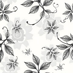Vector seamless pattern with leaves and curls. Monochrome abstract floral background. Stylish monochrome texture Generative AI 
